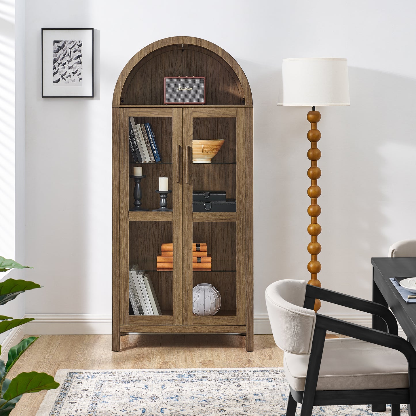 VIYET 67" Arched Storage Cabinet - LED Lamp, Brown MDF, Adjustable Glass Partitions