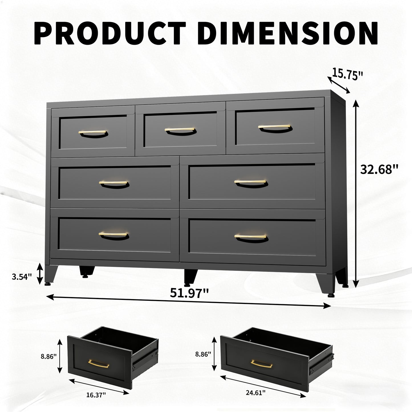 VIYET 7-Drawer Black Dresser, Wide Low-Profile Bedroom Storage Chest with Smooth-Glide Drawers