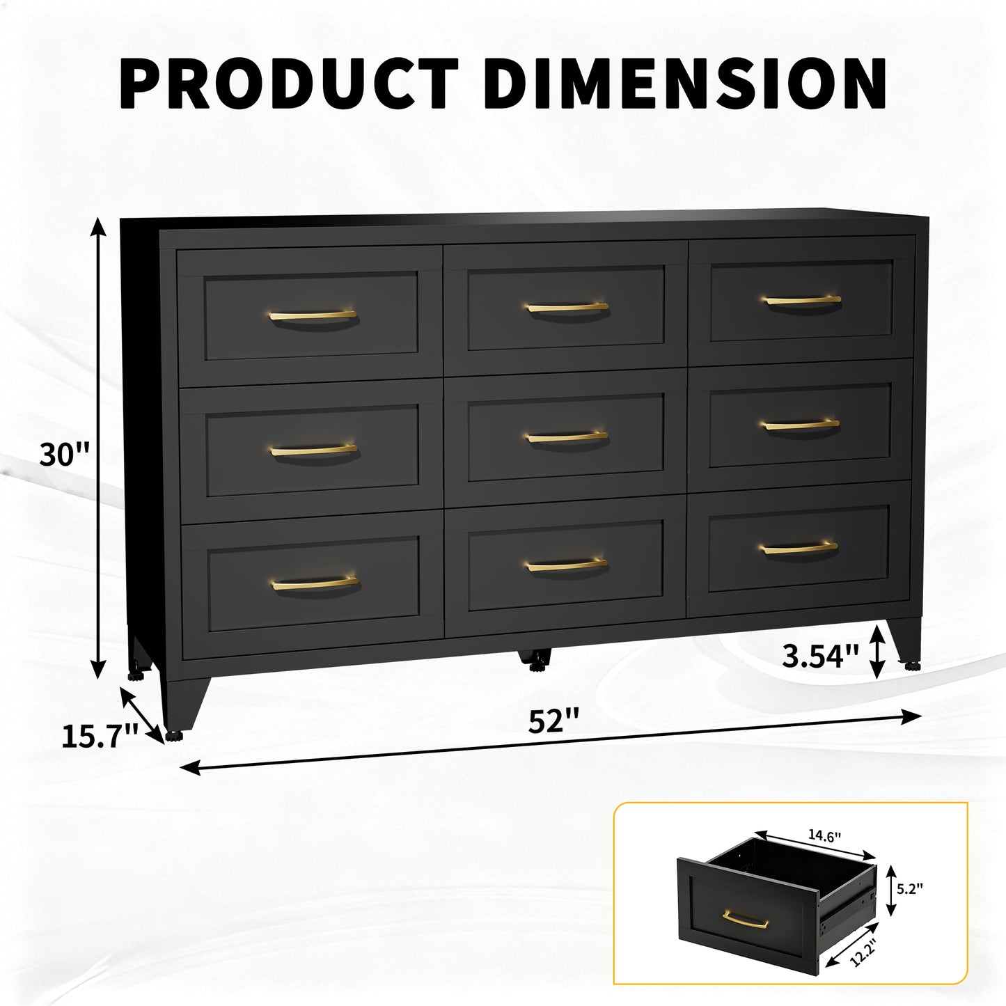 VIYET 9-Drawer Black Dresser for Bedroom, 52" Wide Low-Profile Chest of Drawers with Smooth-Glide Storage