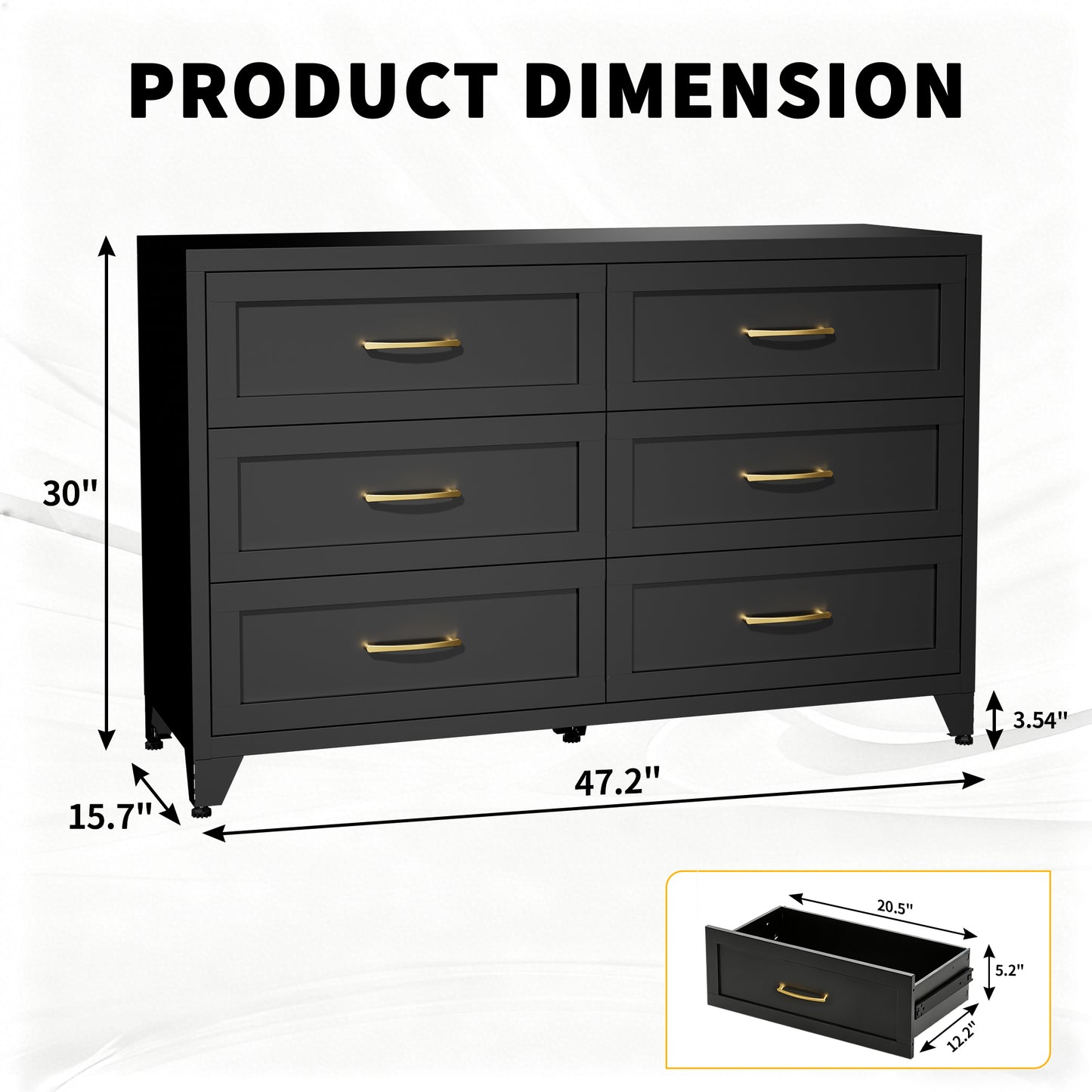 VIYET 6-Drawer Black Dresser for Bedroom, Low-Profile Chest of Drawers with Smooth-Glide Storage