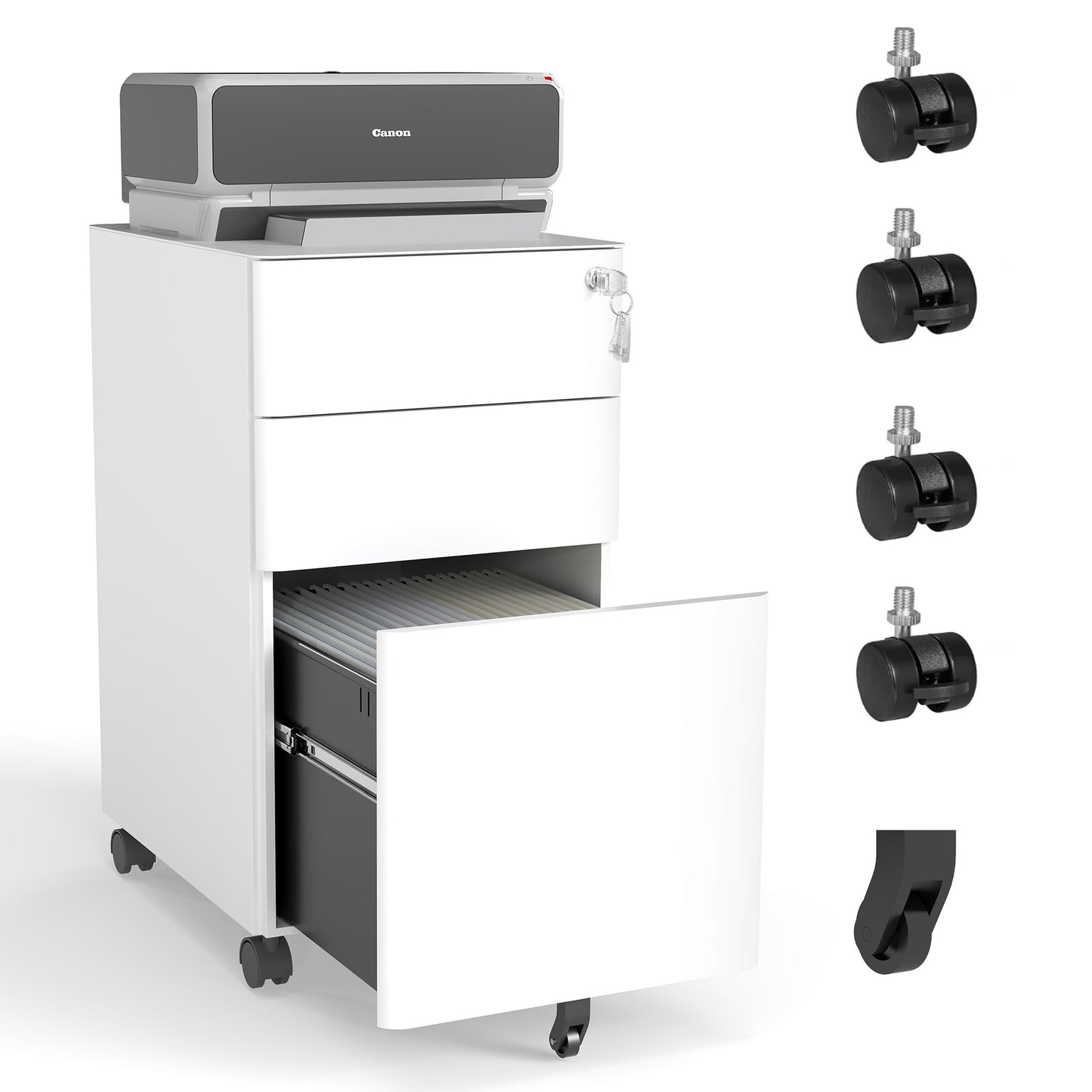 VIYET 3-Drawer Mobile File Cabinet with Lock - All-Steel Anti-Tip Design, Shallow + Deep Drawer, White for Office/Home (Fits A4/Letter)