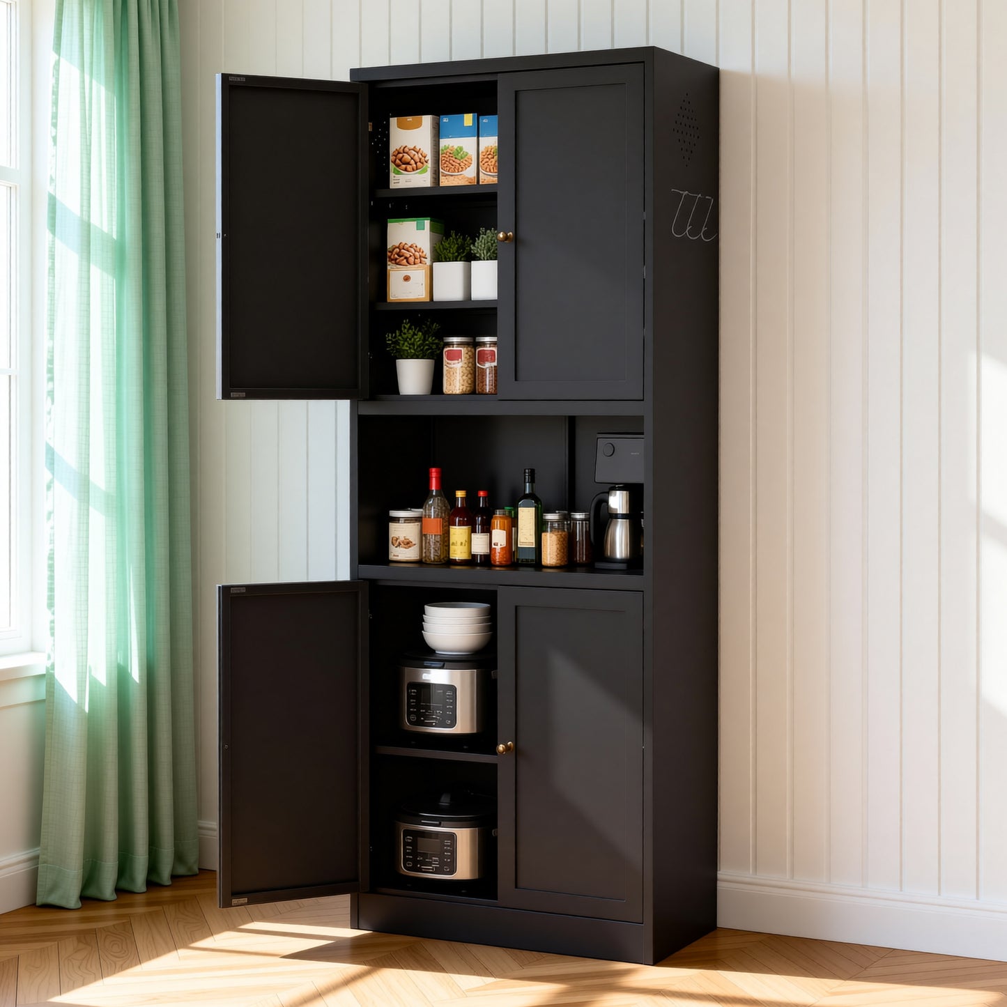 VIYET 72" Black Metal Kitchen Pantry Cabinet with Large Countertop, Adjustable Shelves & Hooks, Freestanding Coffee Bar Storage Cabinet