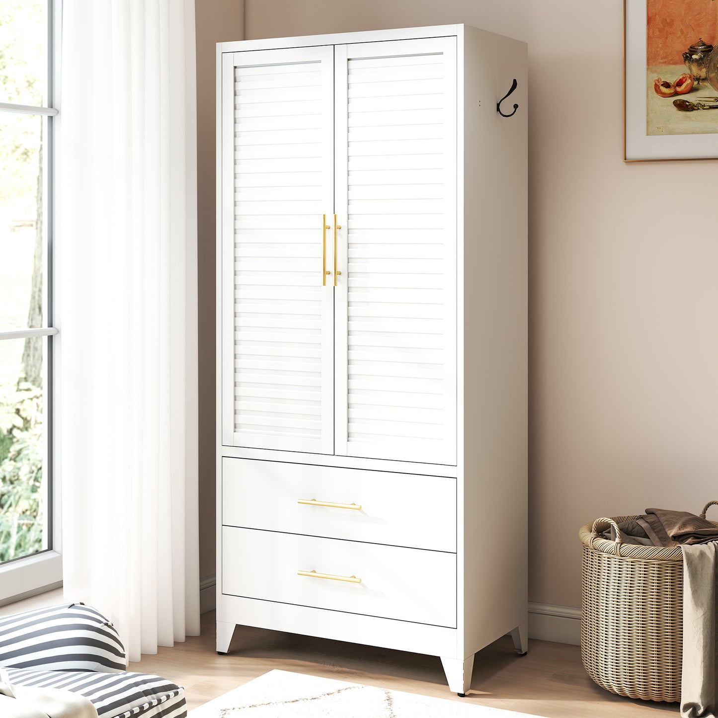 VIYET 71" Metal Wardrobe Closet with 2 Doors & 2 Drawers, Freestanding Steel Storage Cabinet with Hanging Rod & Adjustable Shelf