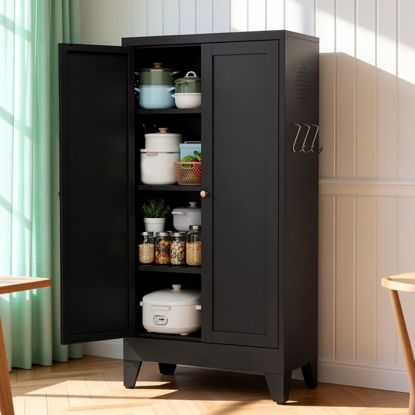 VIYET 47" Black Metal Pantry Cabinet with Adjustable Shelves, Freestanding Kitchen Storage Cabinet with Doors for Pantry, Bathroom & Living Room