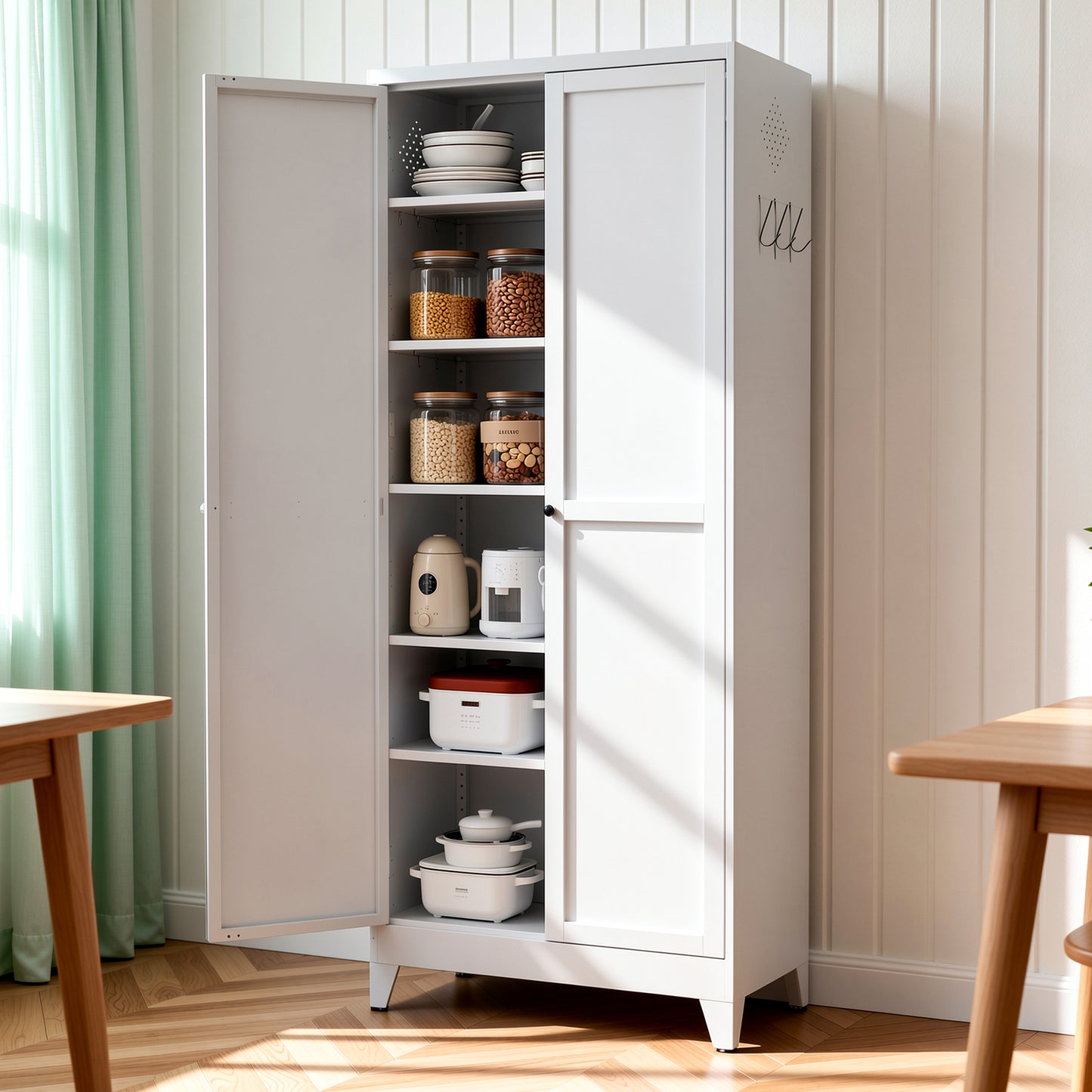 VIYET 75" Metal Kitchen Pantry Cabinet, Tall Freestanding Storage Cabinet with 5 Adjustable Shelves, Steel Organizer for Kitchen, Dining Room, White