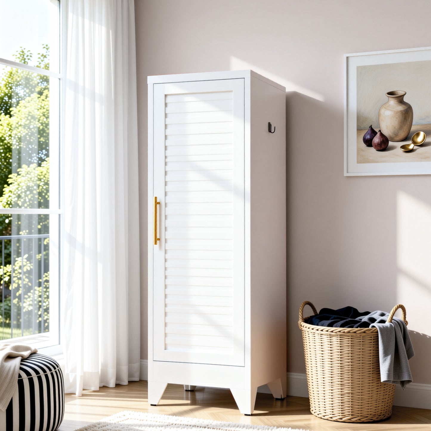 VIYET 47.2" Narrow Metal Wardrobe Closet, Slim Storage Cabinet with Louvered Door and Hanging Rail, Freestanding Clothes Organizer for Bedroom, Apartment, Dorm, White