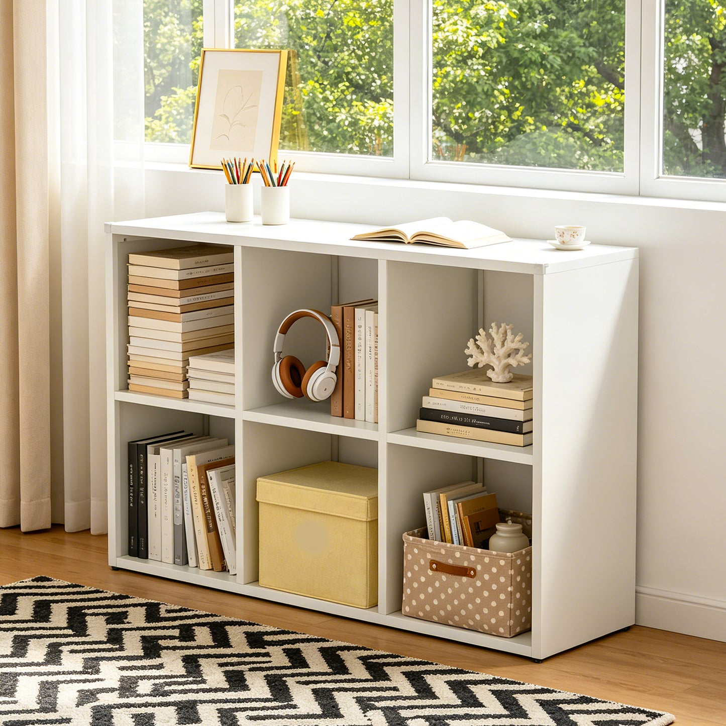 VIYET 6-Cube Metal Bookcase, 41"H Open Storage Organizer with 6 Cubes, Freestanding Display Shelf