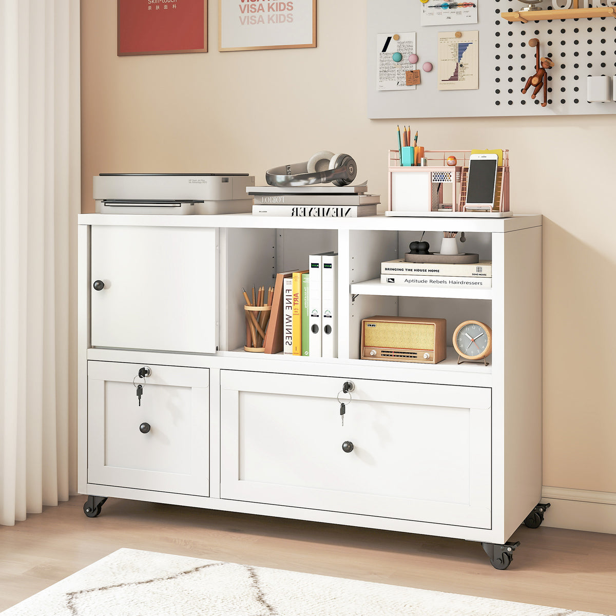 VIYET 28" White Metal 2-Drawer Lateral File Cabinet with Lock and Wheels, Rolling Office Storage for Letter, Legal & A4 Files