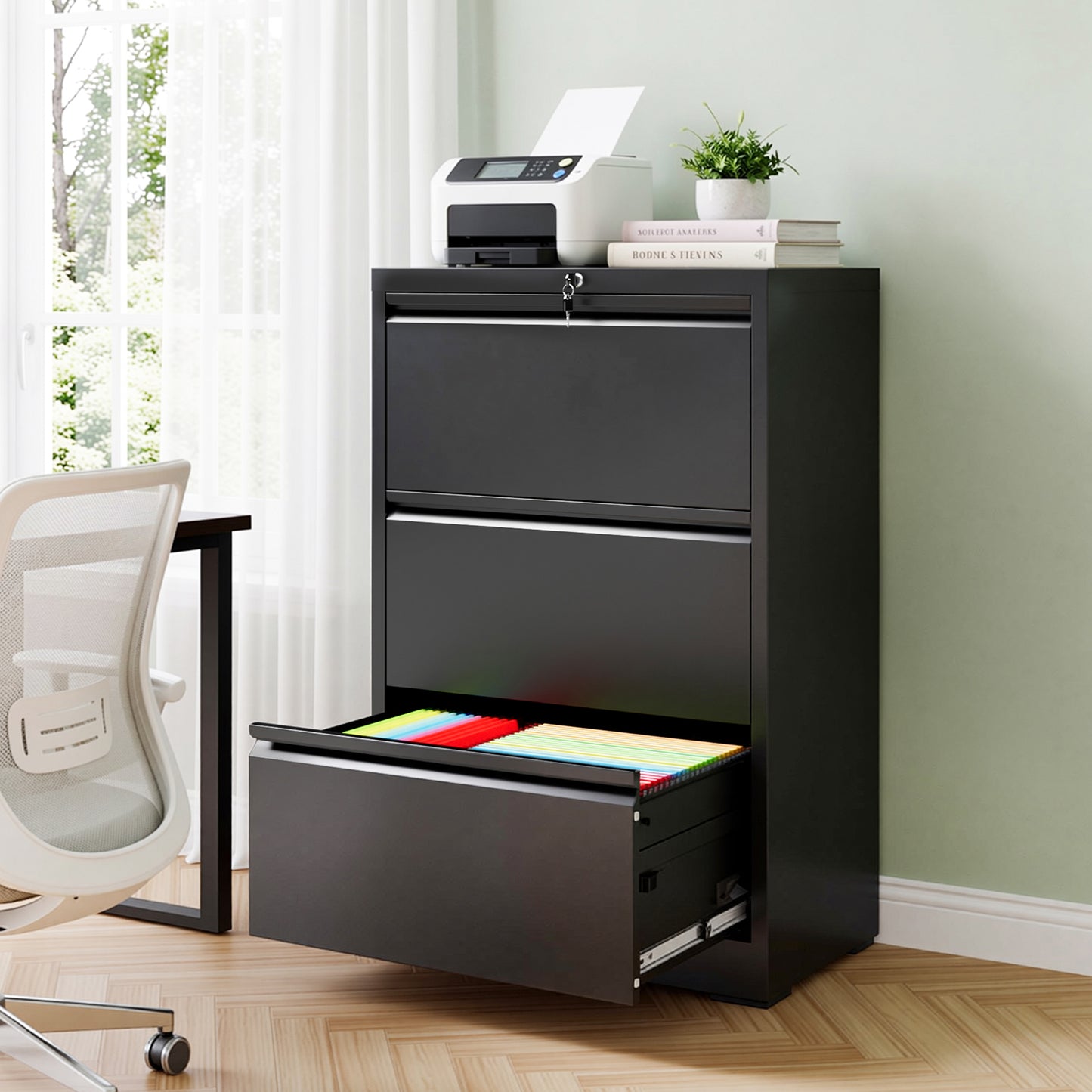 VIYET 3 Drawer Lateral File Cabinet with Lock, Metal Filing Cabinet for Home Office, Steel File Organizer Fits Letter, Legal, A4 & F4 Hanging Files