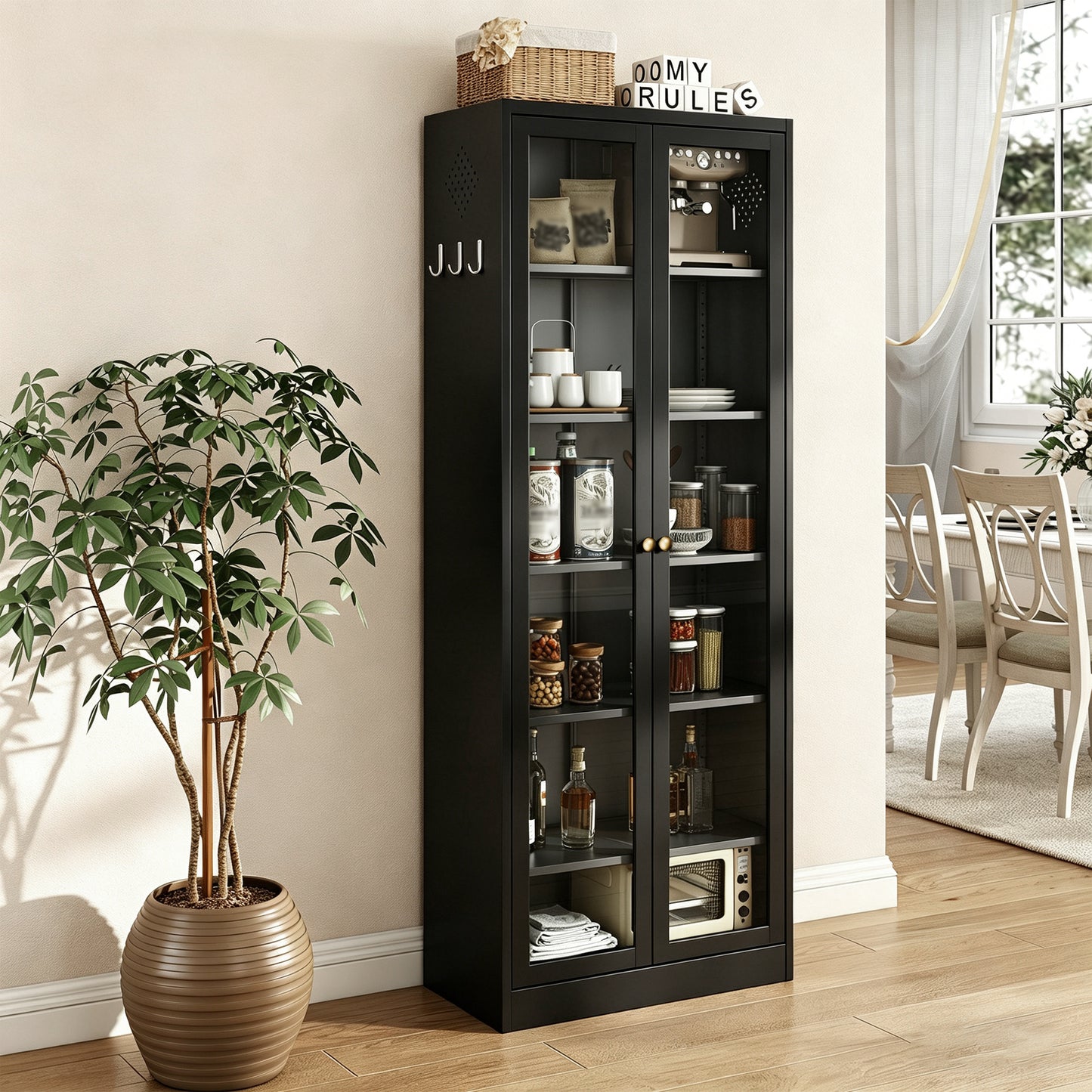 VIYET Metal Pantry Cabinet, 72" Tall Kitchen Storage Cabinet with Glass Doors and 5 Adjustable Shelves, Freestanding Steel Utility Cabinet for Kitchen, Bathroom, Pantry, Black