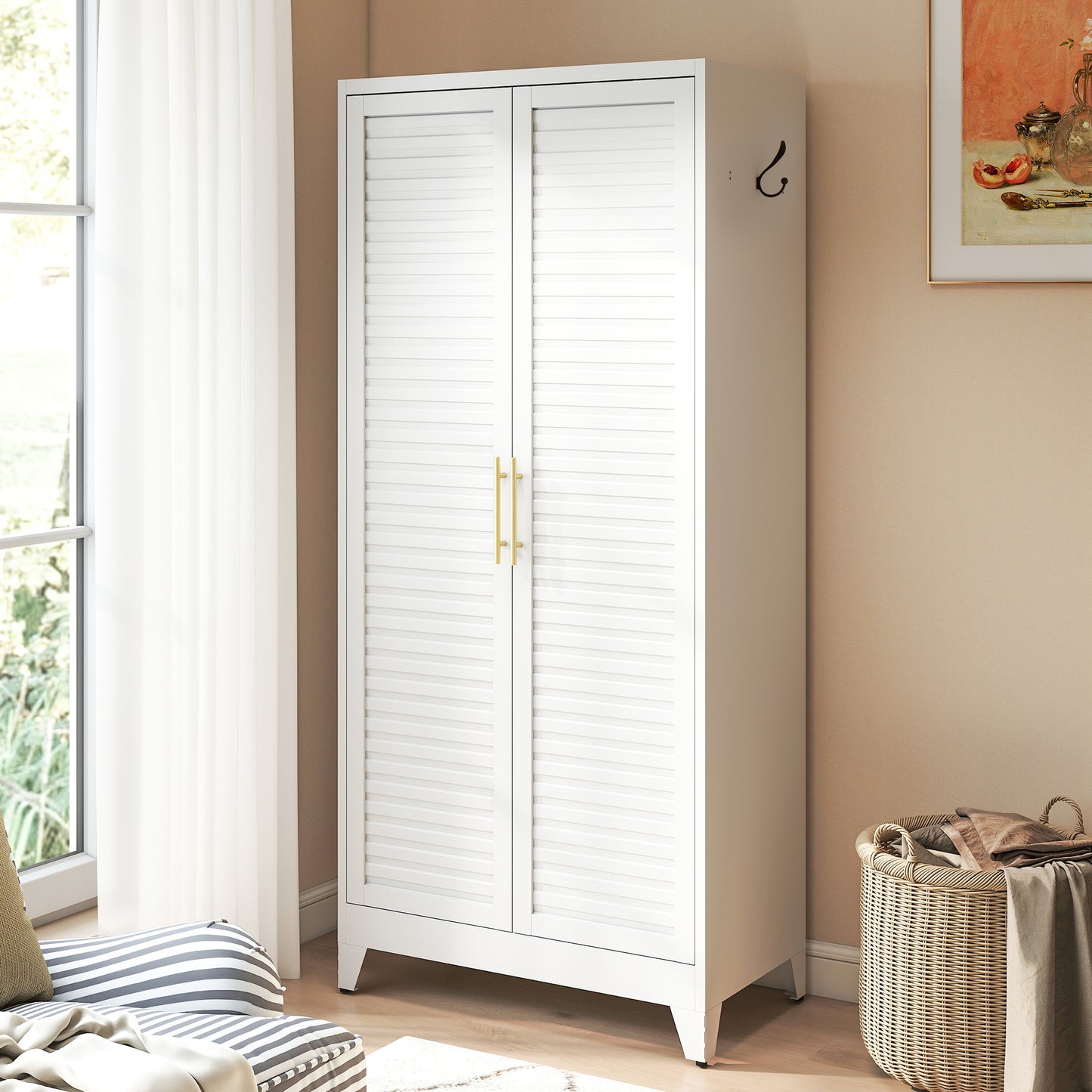 VIYET 71" Metal Wardrobe Closet with 2 Doors, Hanging Rod & Adjustable Shelves, Freestanding Steel Storage Cabinet for Bedroom, Apartment, Dorm