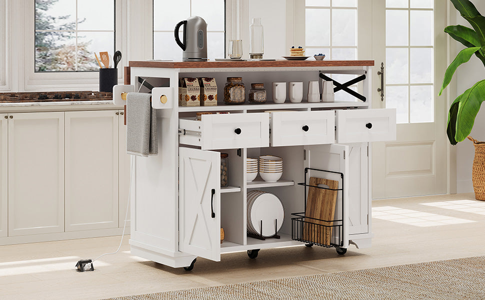 VIYET 39" K&K Farmhouse Rolling Kitchen Island, White MDF Cart w/ Bead Drape, Power Outlet & Drop Leaf (3 Doors+3 Drawers+Internal Iron Shelf)
