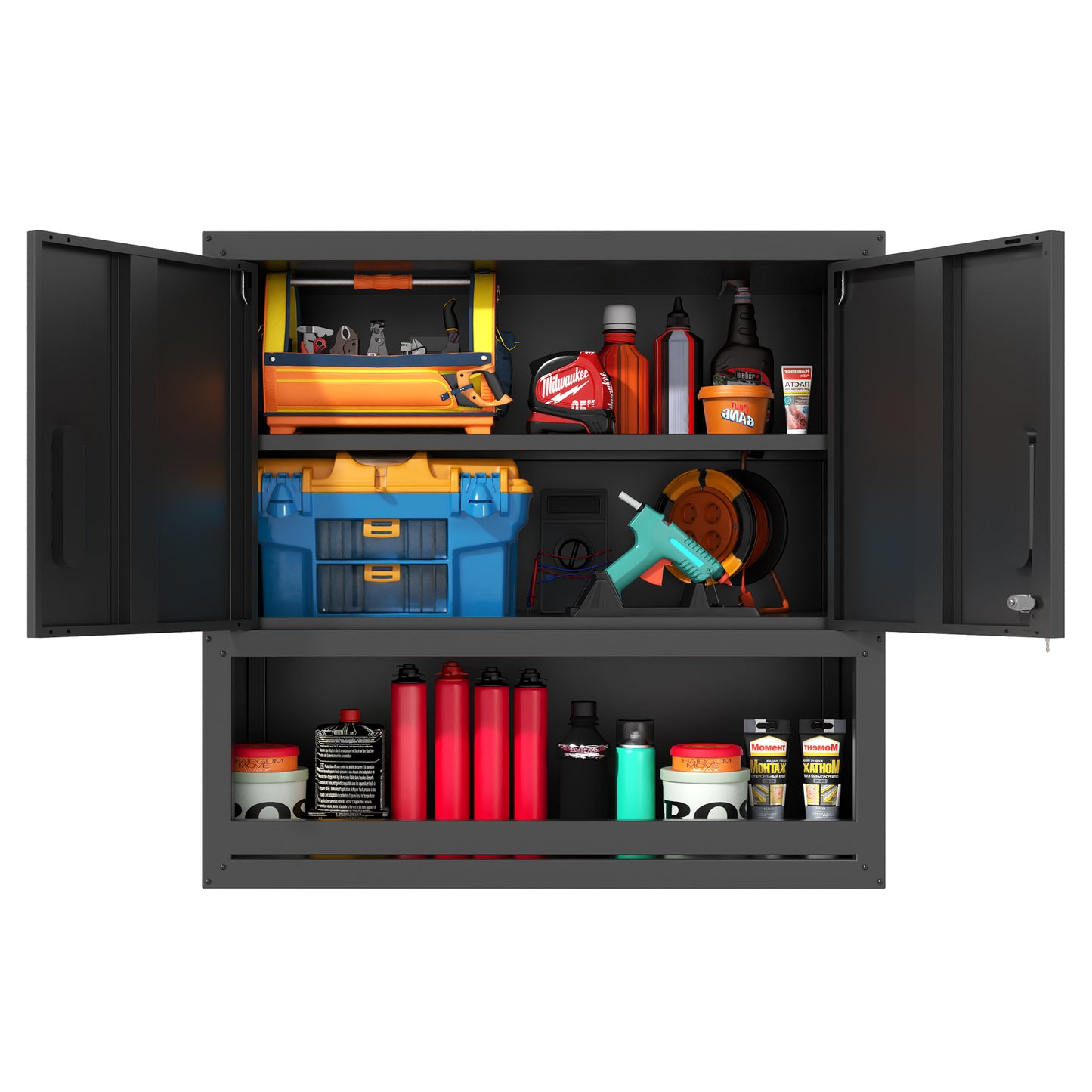 VIYET 30"H Wall-Mounted Steel Cabinet - Locking Doors + Open Drawer + Adjustable Shelf, Cold-Rolled Steel with Rust-Resistant Coating, Black for Garage/Office/Warehouse/Home/School