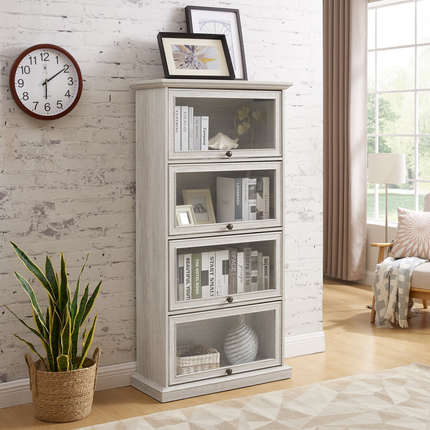 VIYET 63" 4-Tier Glass Display Cabinet, White MDF+Tempered Glass Curio Cabinet (Flip-up Doors for Collectibles/Toys/Books)