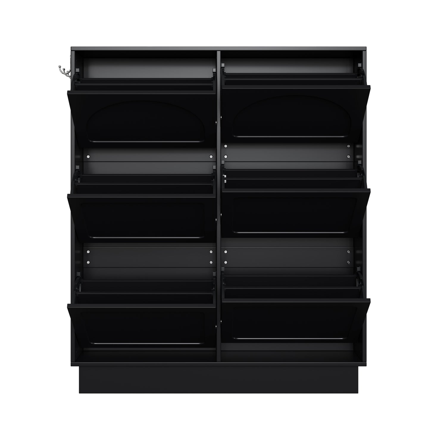 VIYET 49" 6-Flip-Drawer Narrow Shoe Cabinet, Black MDF Cream-Style Organizer w/ Adjustable Shelves & 3 Silver Hooks