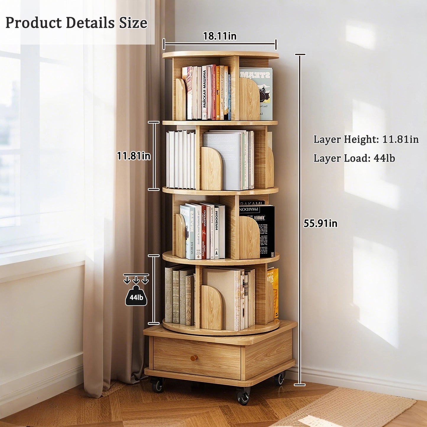 VIYET 56" 5-Tier 360° Rotating Bookshelf, Oak MDF Tower w/ Wheels & Drawer (Space-Saving Storage for Home/Office)