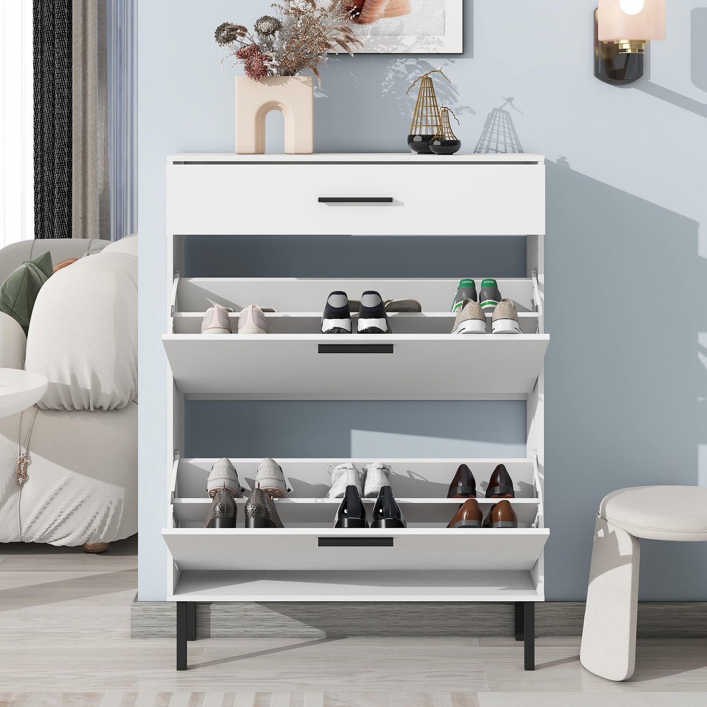 VIYET 43" Freestanding Shoe Cabinet, White Particle Board Organizer w/ 2 Flip Drawers & Metal Legs (Space-Saving Entryway Storage)