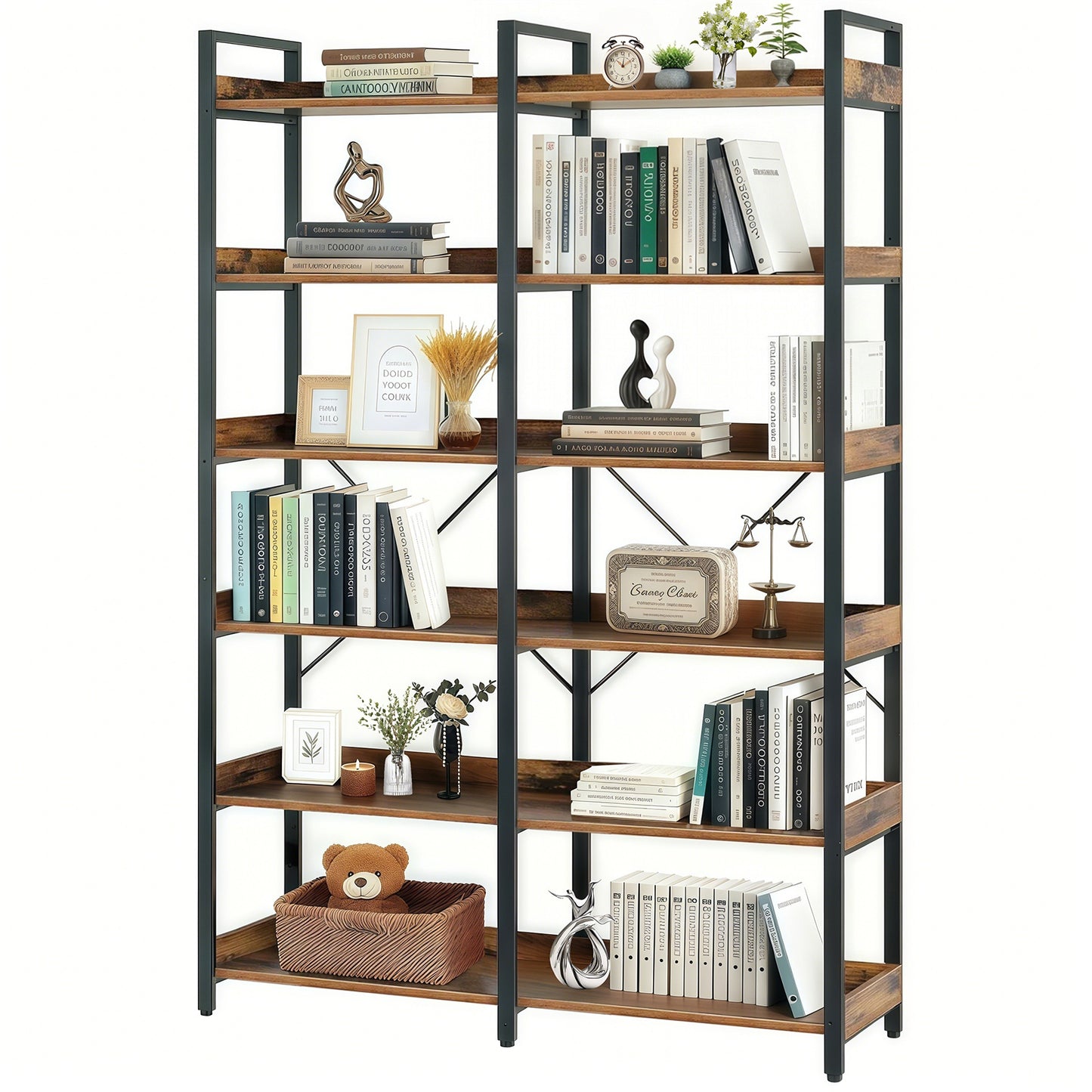VIYET 69" 6-Tier Industrial Bookshelf, Brown MDF+Metal Frame Open Shelf Bookcase (Freestanding Storage & Display for Home/Office)