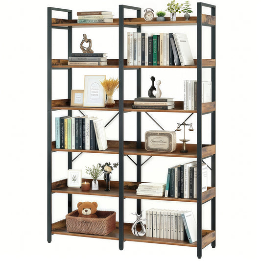 VIYET 69" 6-Tier Industrial Bookshelf, Brown MDF+Metal Frame Open Shelf Bookcase (Freestanding Storage & Display for Home/Office)