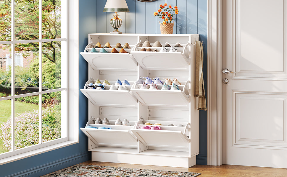 VIYET 49" Cream-Style Narrow Shoe Cabinet, White MDF Organizer w/ 6 Flip Drawers & 3 Silver Hooks (Adjustable Shelves)