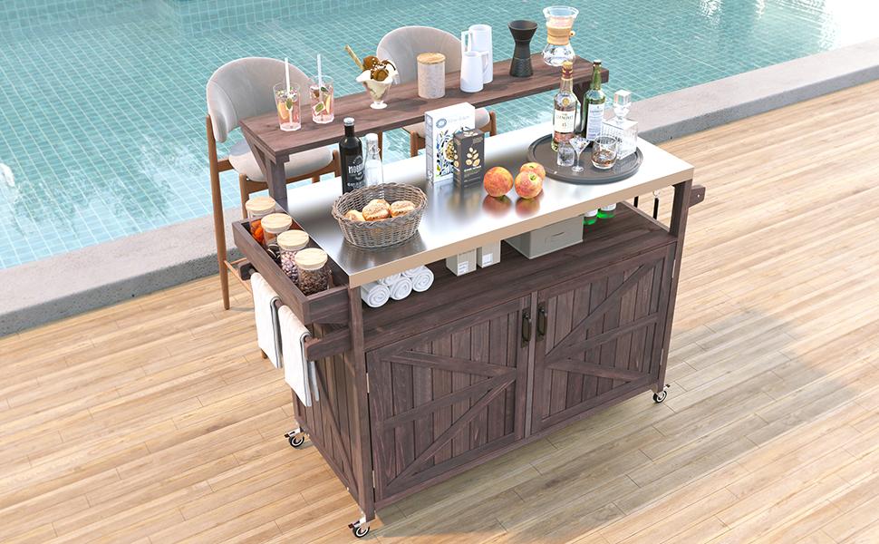 VIYET 43" K&K Outdoor Kitchen Island, Brown Solid Wood Grill Cart w/ Stainless Steel Top (Raised Shelf+Adjustable Storage Rack)