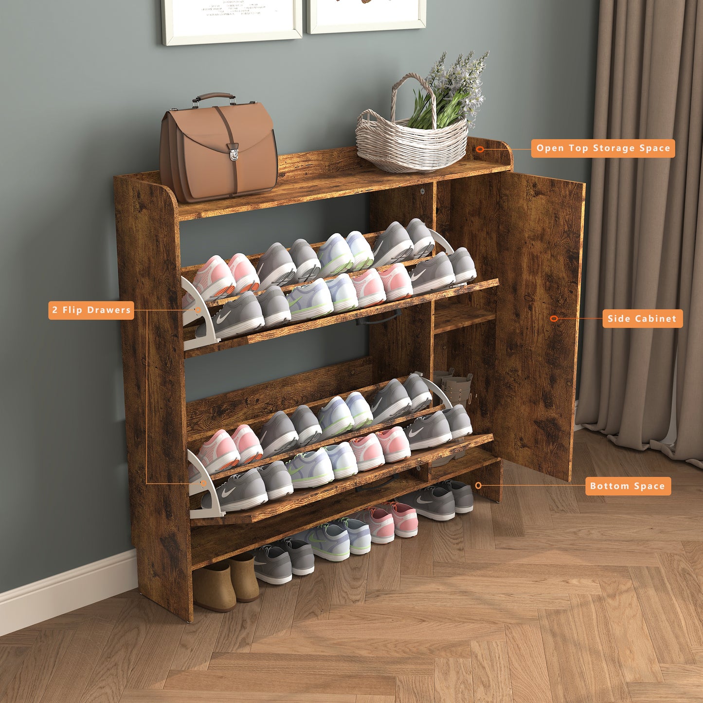 VIYET 41" Rustic Brown Freestanding Shoe Cabinet - MDF, 2 Flip Drawers & Mirror Doors, Narrow Entryway Storage, Customizable