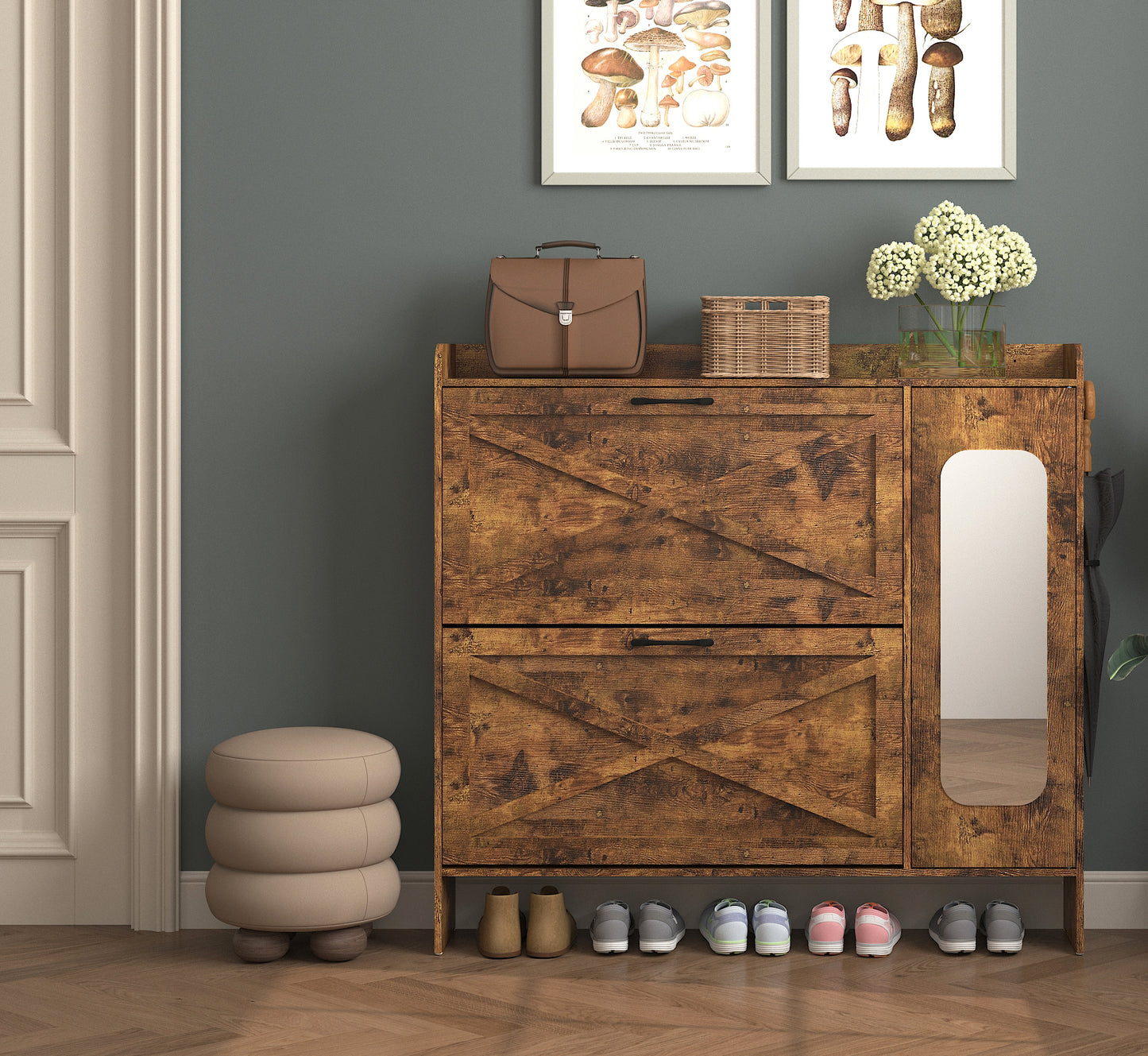 VIYET 41" Rustic Brown Freestanding Shoe Cabinet - MDF, 2 Flip Drawers & Mirror Doors, Narrow Entryway Storage, Customizable