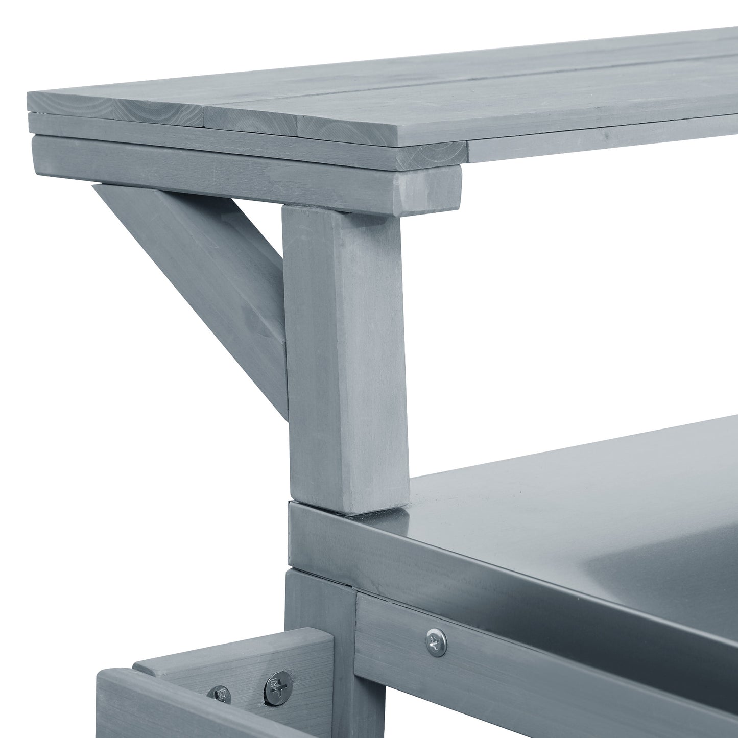 VIYET 43" K&K Outdoor Kitchen Island, Grey-Blue Solid Wood Grill Cart w/ Stainless Steel Top (Raised Shelf+Adjustable Storage Rack)