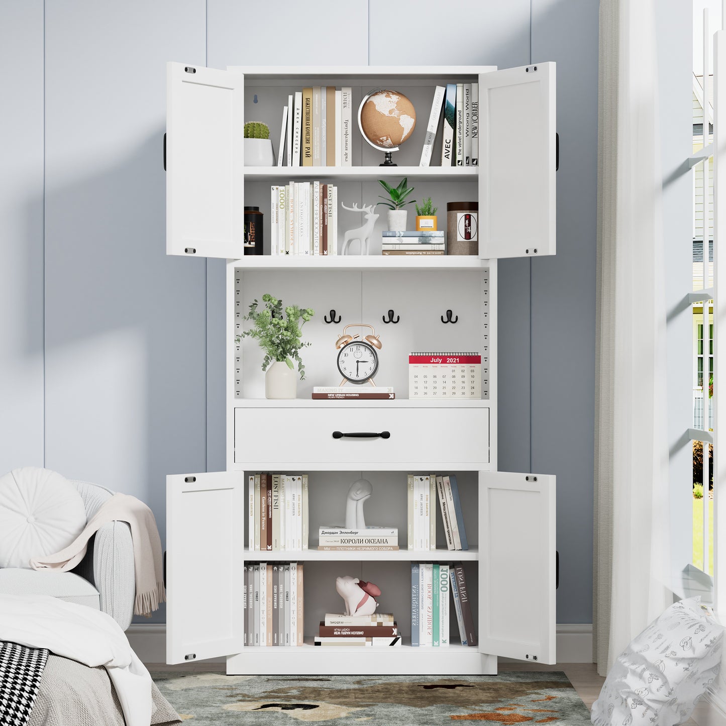 VIYET 71"H Heavy-Duty White Steel Pantry Cabinet,Large Countertop+Adjustable Shelves+Drawers+Hooks,Modern Storage for Kitchen/Bathroom/Living Room