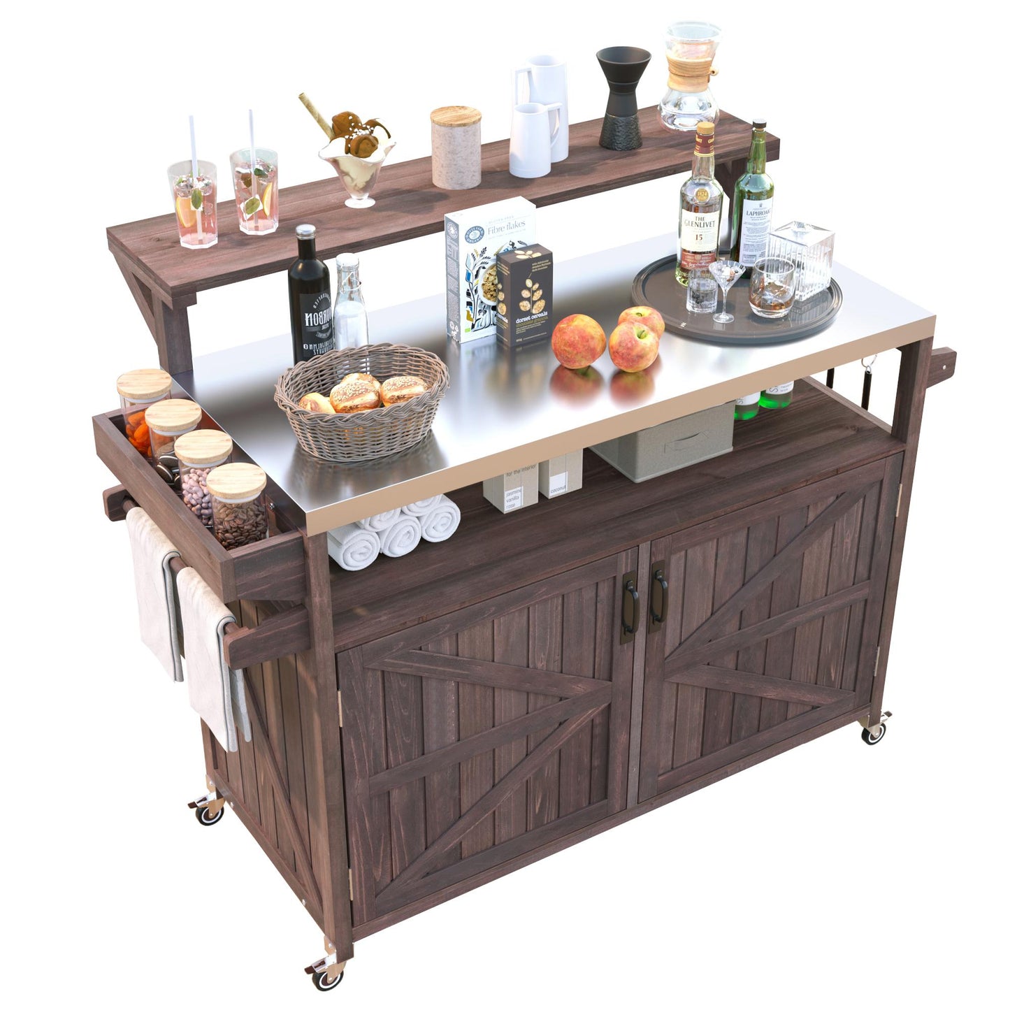 VIYET 43" K&K Outdoor Kitchen Island, Brown Solid Wood Grill Cart w/ Stainless Steel Top (Raised Shelf+Adjustable Storage Rack)