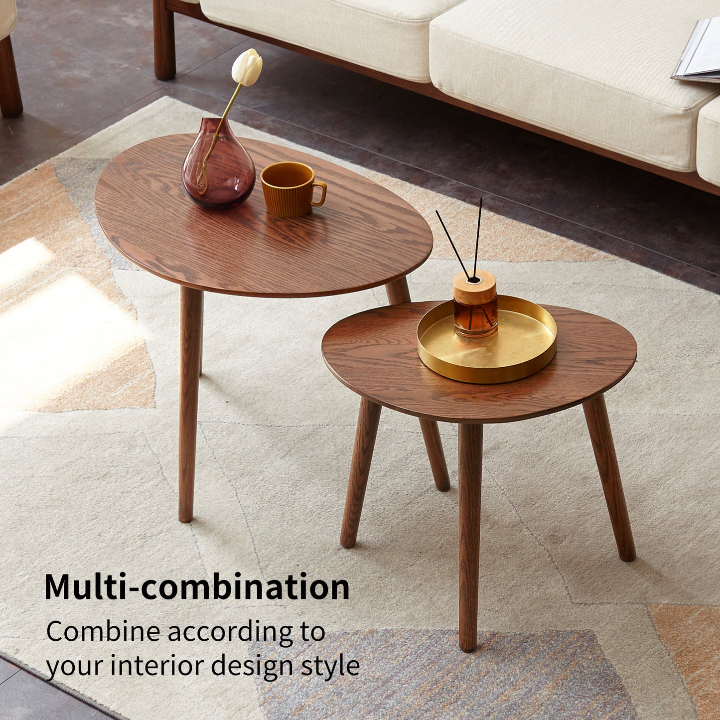 VIYET 16" Solid Oak end Table, Pebble-Shaped Mid-Century Modern Low Table, Formaldehyde-Free Desk for Living Room/Office (Walnut)