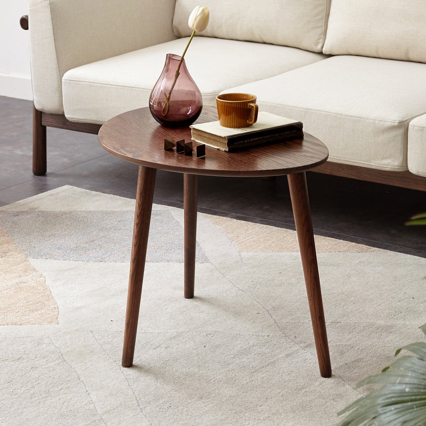 VIYET 16" Solid Oak end Table, Pebble-Shaped Mid-Century Modern Low Table, Formaldehyde-Free Desk for Living Room/Office (Walnut)