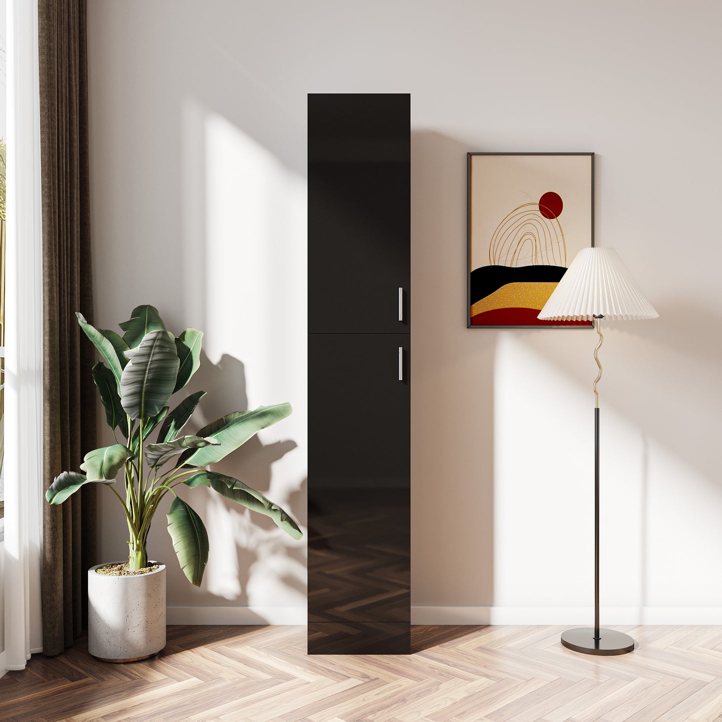 VIYET 75" Freestanding Storage Cabinet, MDF+Particle Board Organizer w/ 2 Doors & 3 Fixed Shelves (Kitchen/Dining Room Pantry),White+black