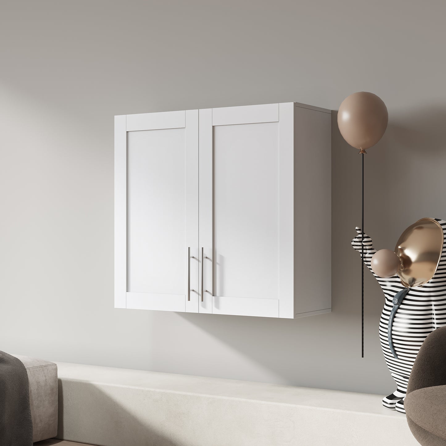 VIYET 30"H Stackable Wall-Mounted Storage Cabinet - White E1 Particle Board, 2 Adjustable Shelves (6-Level Height)