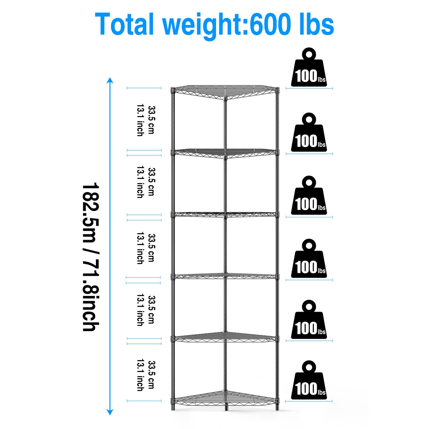 VIYET 72" 6-Tier Corner Wire Shelf Rack - Black Chrome Adjustable Metal, NSF Certified 600LBS