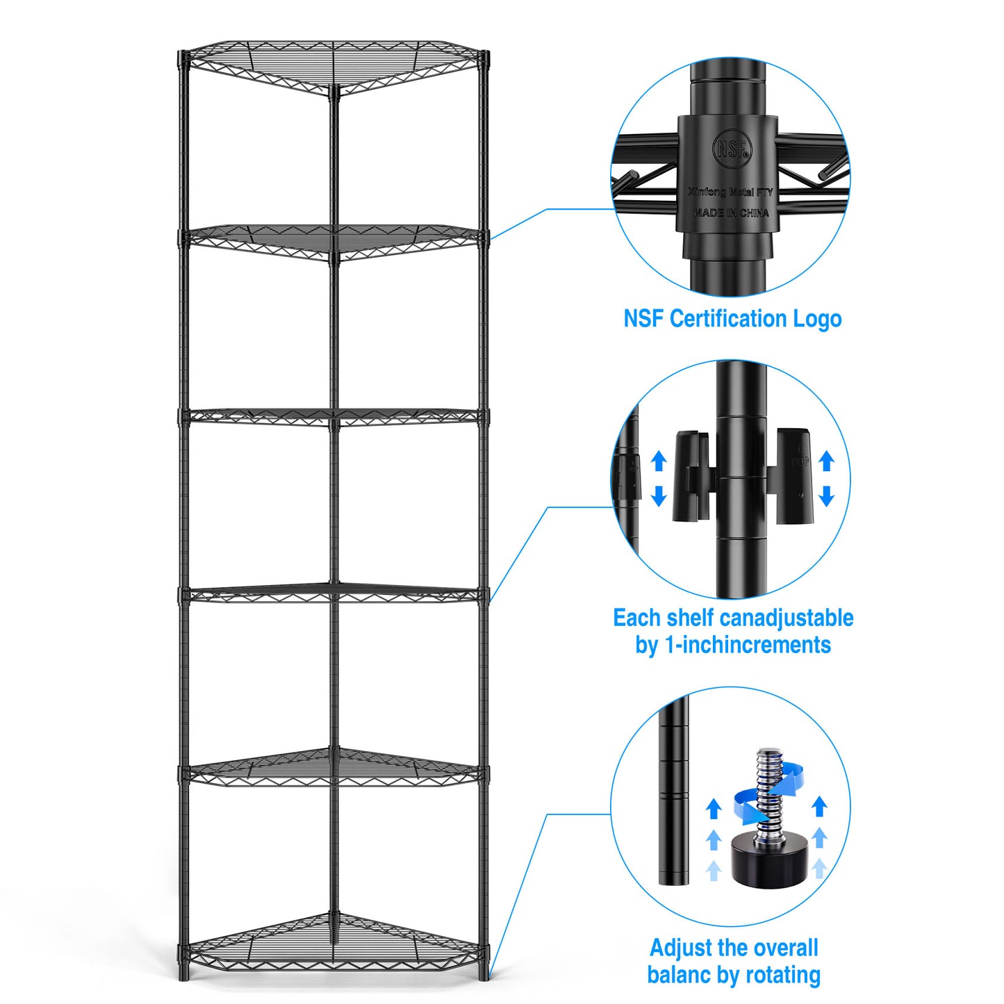 VIYET 72" 6-Tier Corner Wire Shelf Rack - Black Chrome Adjustable Metal, NSF Certified 600LBS