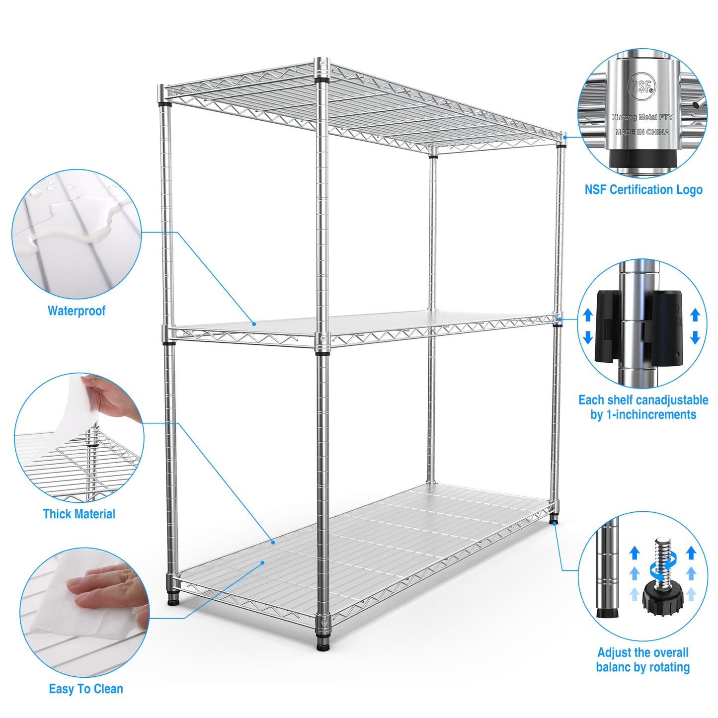 VIYET 47" 3-Tier Wire Shelving Unit, NSF Certified Chrome Metal Rack w/ Height Adjustable Shelves (1050LBS Heavy Duty Garage/Home Storage)