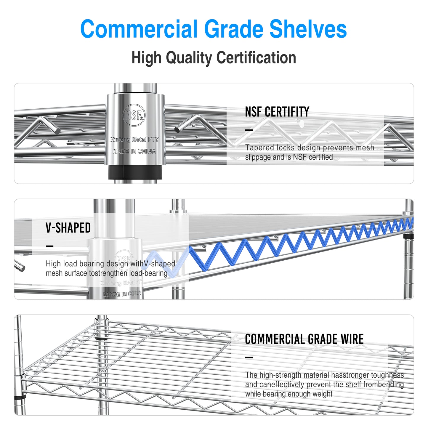 VIYET 47" 3-Tier Wire Shelving Unit, NSF Certified Chrome Metal Rack w/ Height Adjustable Shelves (1050LBS Heavy Duty Garage/Home Storage)