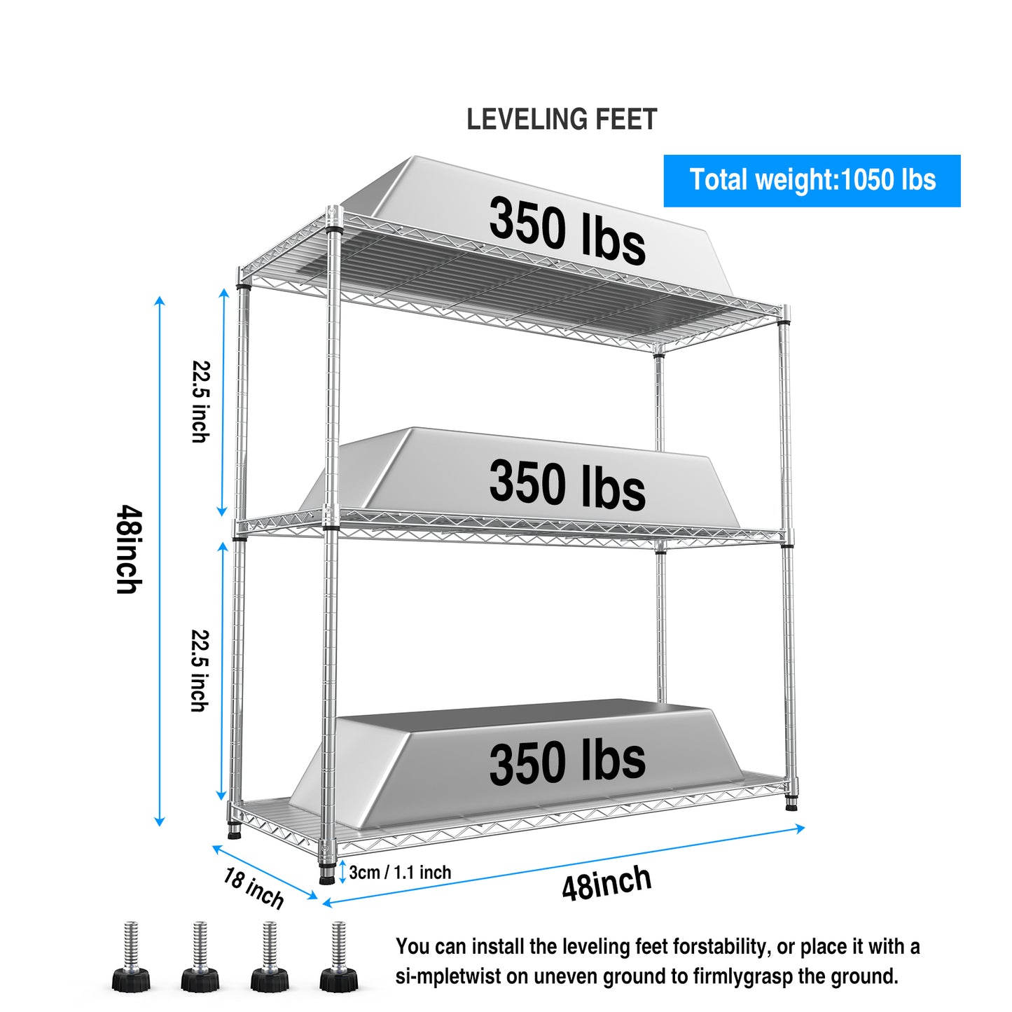 VIYET 47" 3-Tier Wire Shelving Unit, NSF Certified Chrome Metal Rack w/ Height Adjustable Shelves (1050LBS Heavy Duty Garage/Home Storage)