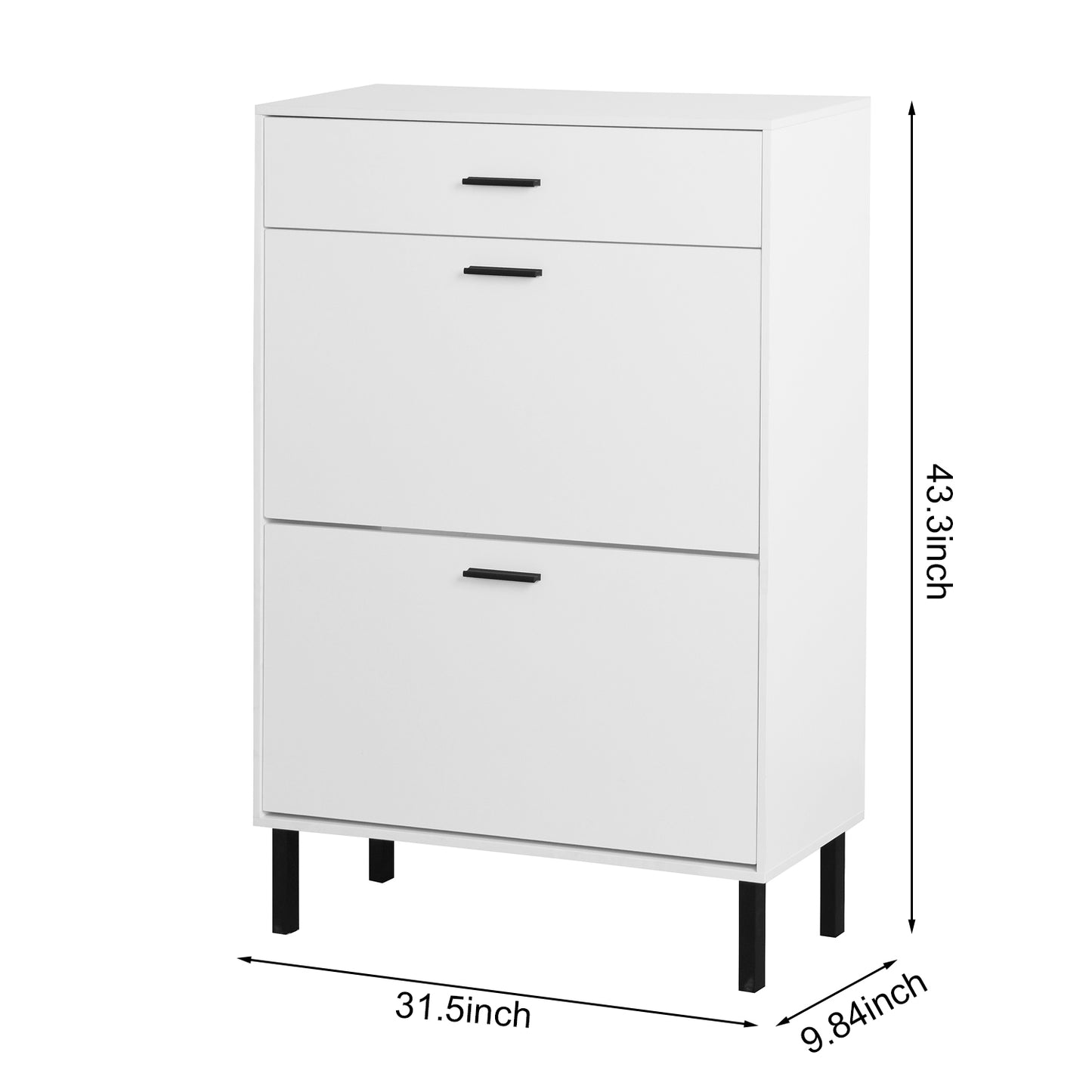 VIYET 43" Freestanding Shoe Cabinet, White Particle Board Organizer w/ 2 Flip Drawers & Metal Legs (Space-Saving Entryway Storage)