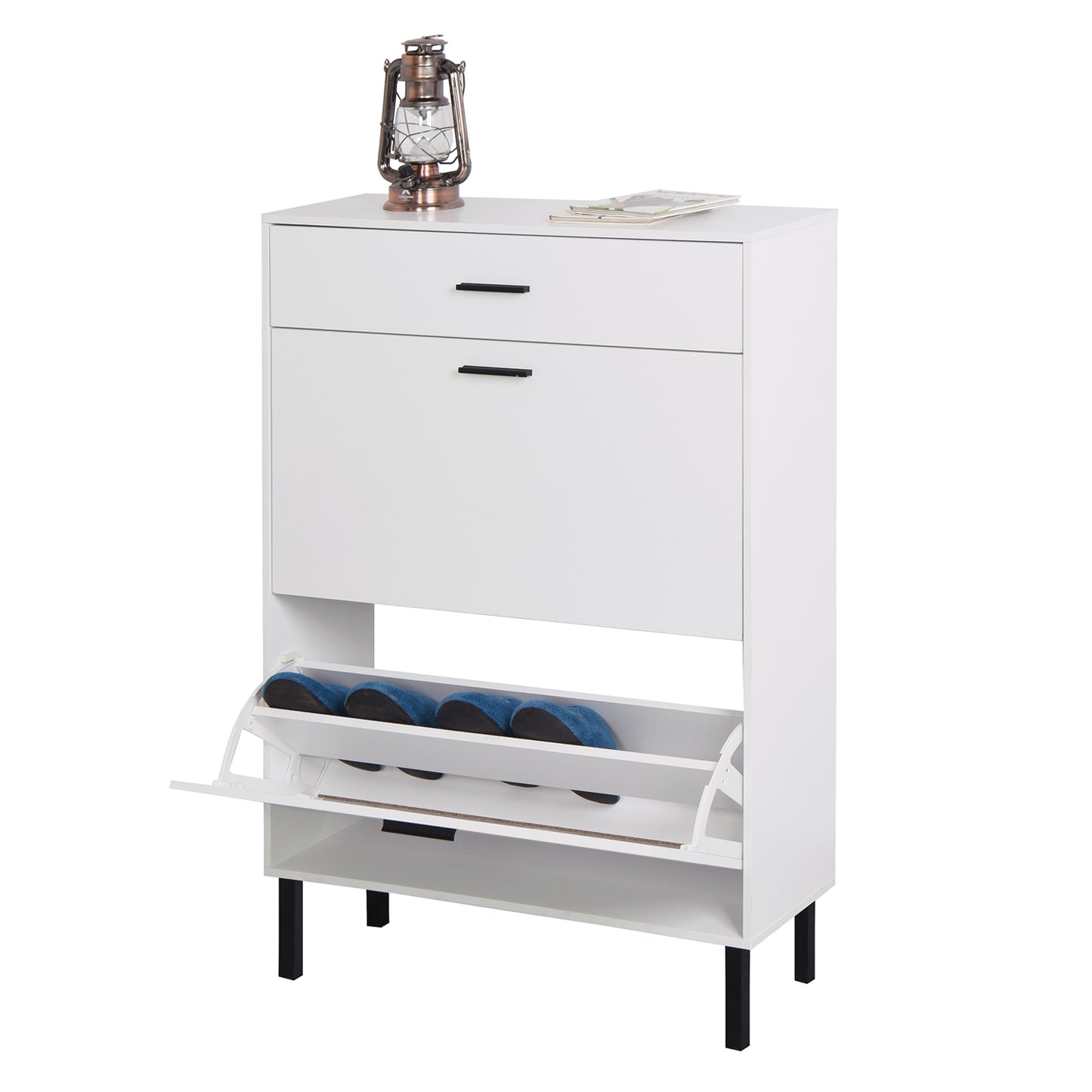 VIYET 43" Freestanding Shoe Cabinet, White Particle Board Organizer w/ 2 Flip Drawers & Metal Legs (Space-Saving Entryway Storage)