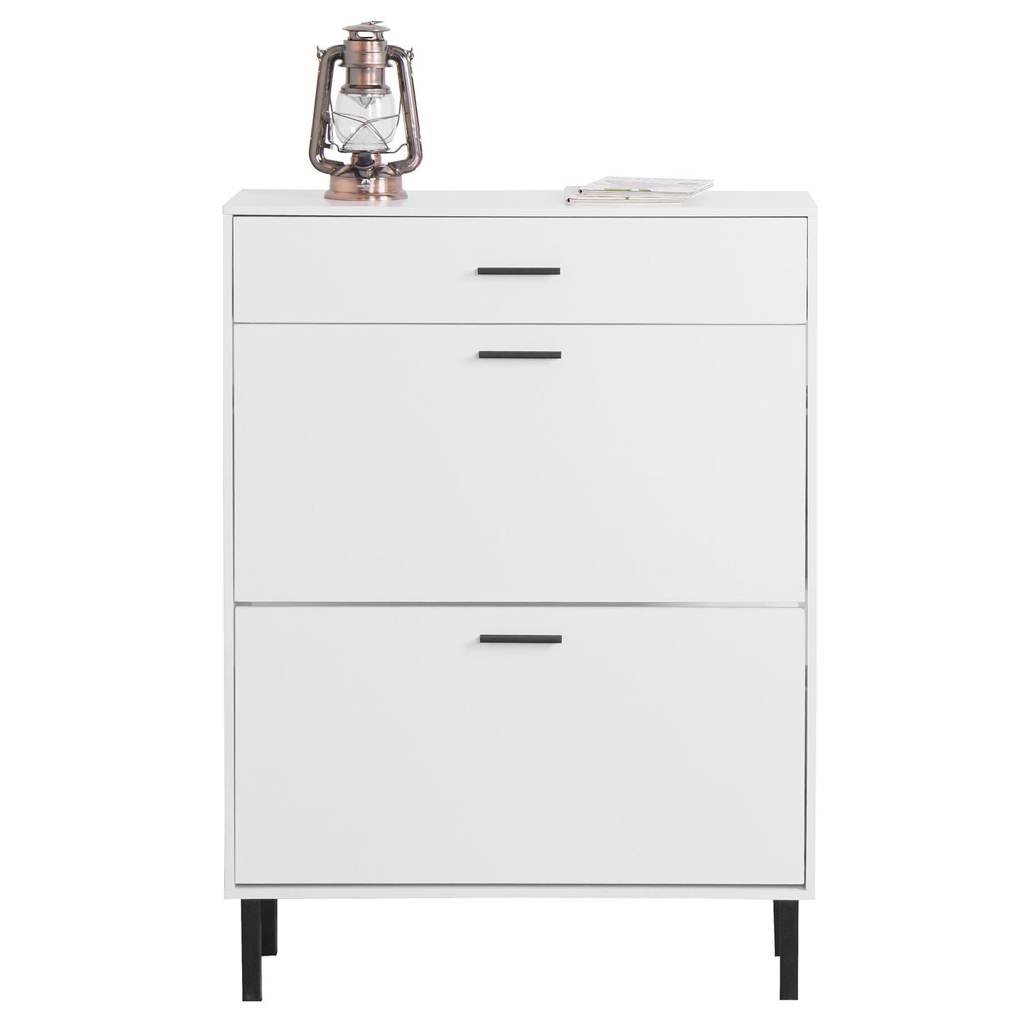 VIYET 43" Freestanding Shoe Cabinet, White Particle Board Organizer w/ 2 Flip Drawers & Metal Legs (Space-Saving Entryway Storage)