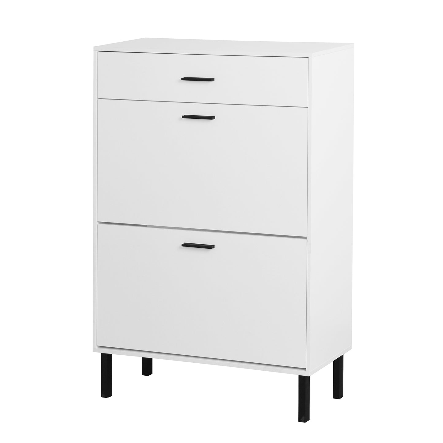 VIYET 43" Freestanding Shoe Cabinet, White Particle Board Organizer w/ 2 Flip Drawers & Metal Legs (Space-Saving Entryway Storage)