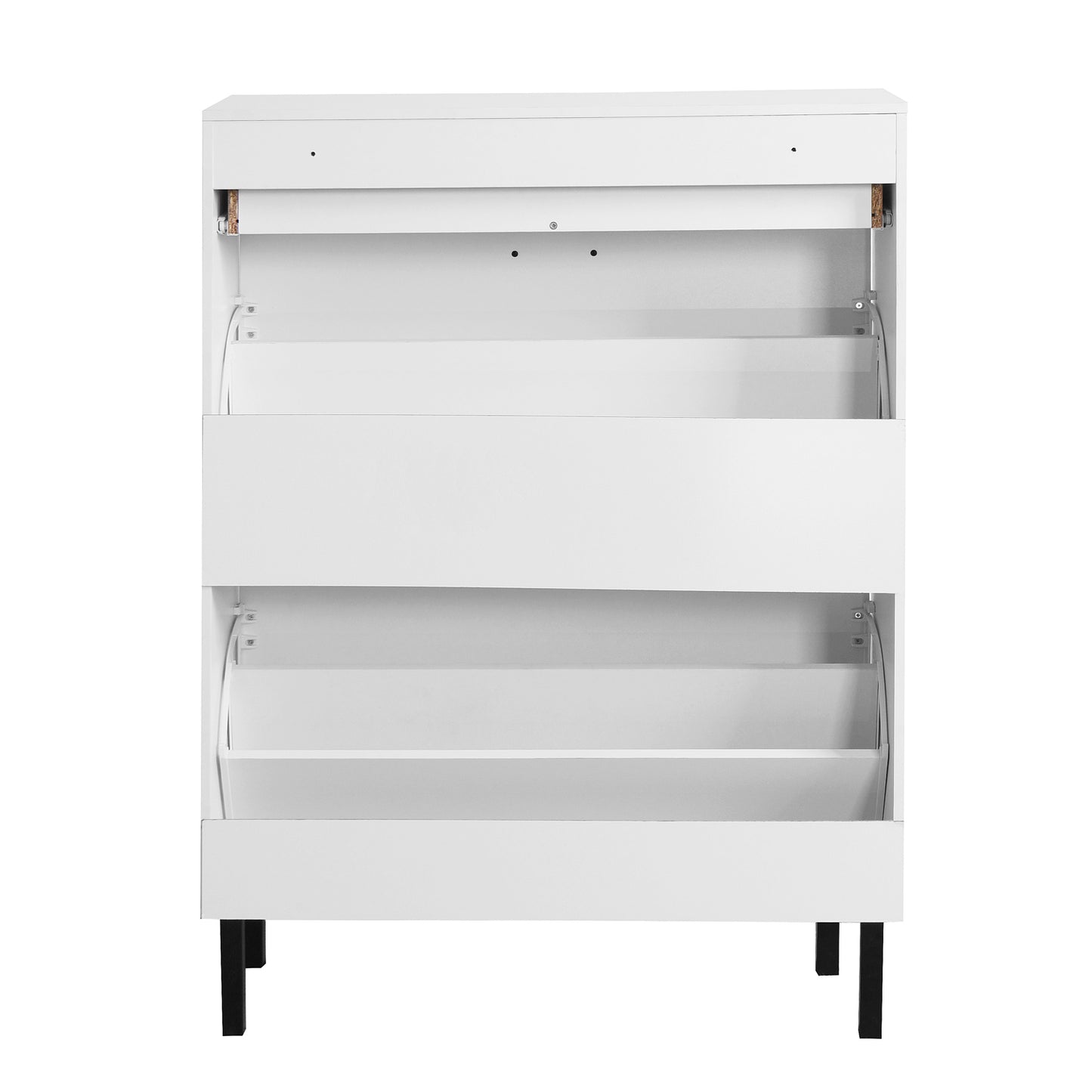 VIYET 43" Freestanding Shoe Cabinet, White Particle Board Organizer w/ 2 Flip Drawers & Metal Legs (Space-Saving Entryway Storage)
