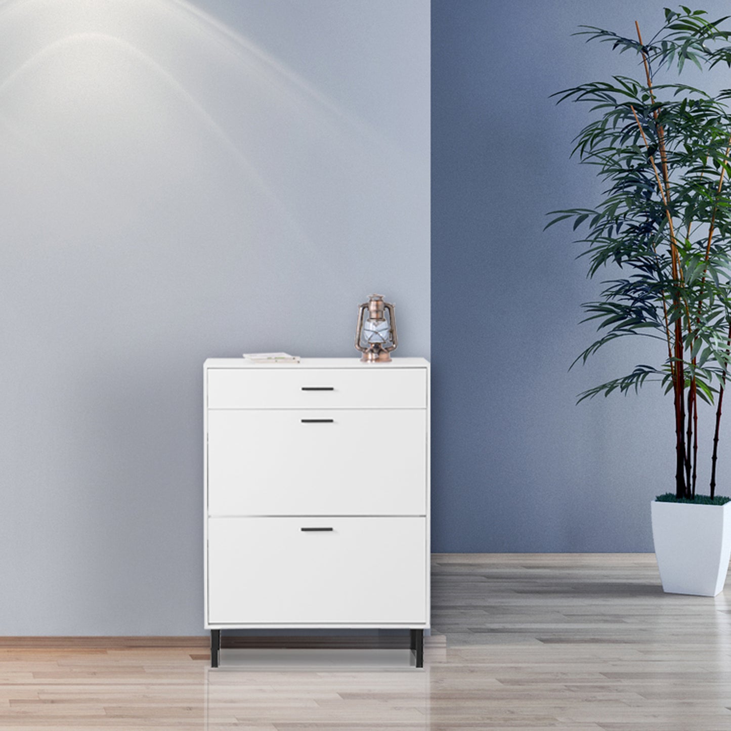 VIYET 43" Freestanding Shoe Cabinet, White Particle Board Organizer w/ 2 Flip Drawers & Metal Legs (Space-Saving Entryway Storage)