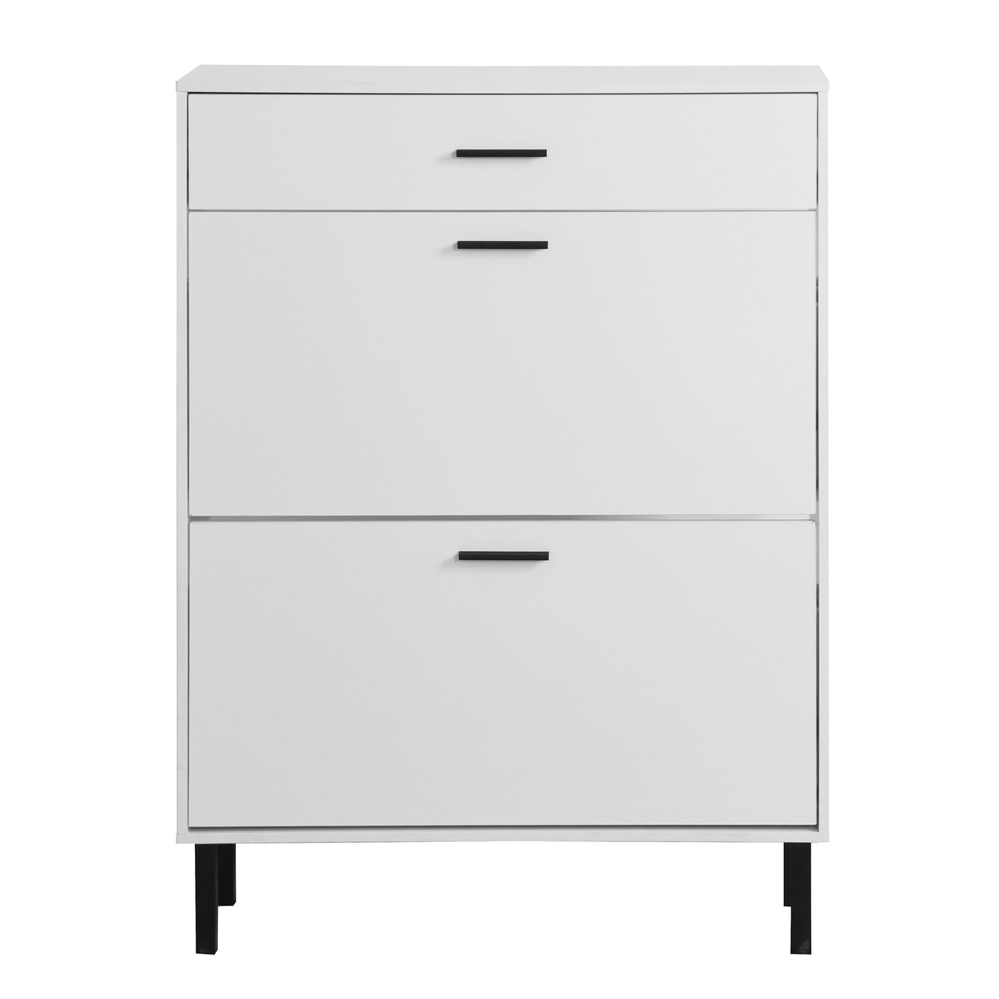 VIYET 43" Freestanding Shoe Cabinet, White Particle Board Organizer w/ 2 Flip Drawers & Metal Legs (Space-Saving Entryway Storage)