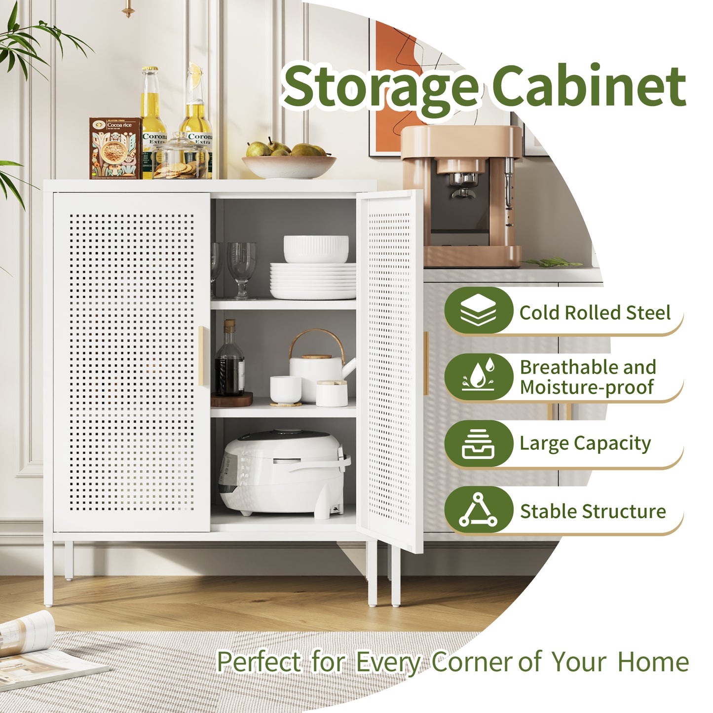 VIYET 31.5"Metal Storage Cabinet - 2 Doors & 2 Adjustable Shelves, Steel File Cabinet (No Lock), White