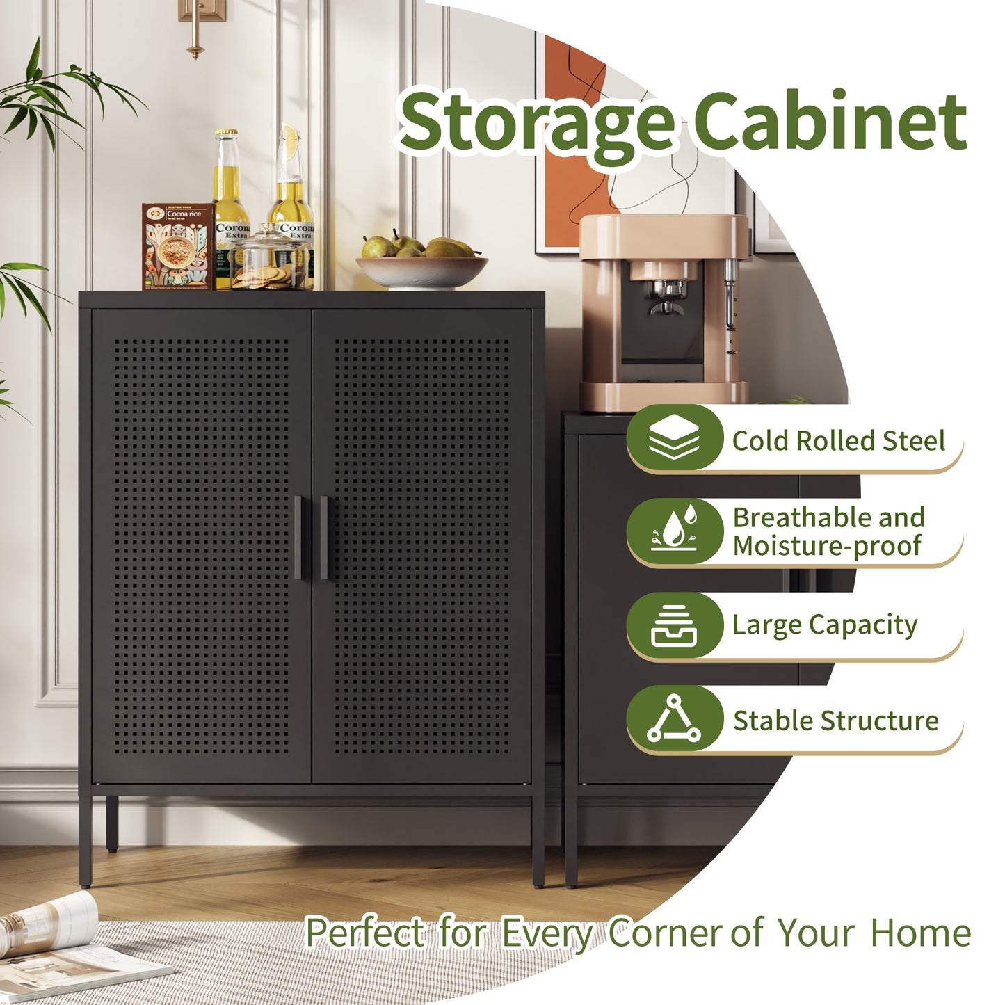 VIYET 31.5" Metal Storage Cabinet - 2 Doors & 2 Adjustable Shelves, Steel File Cabinet (No Lock), Black