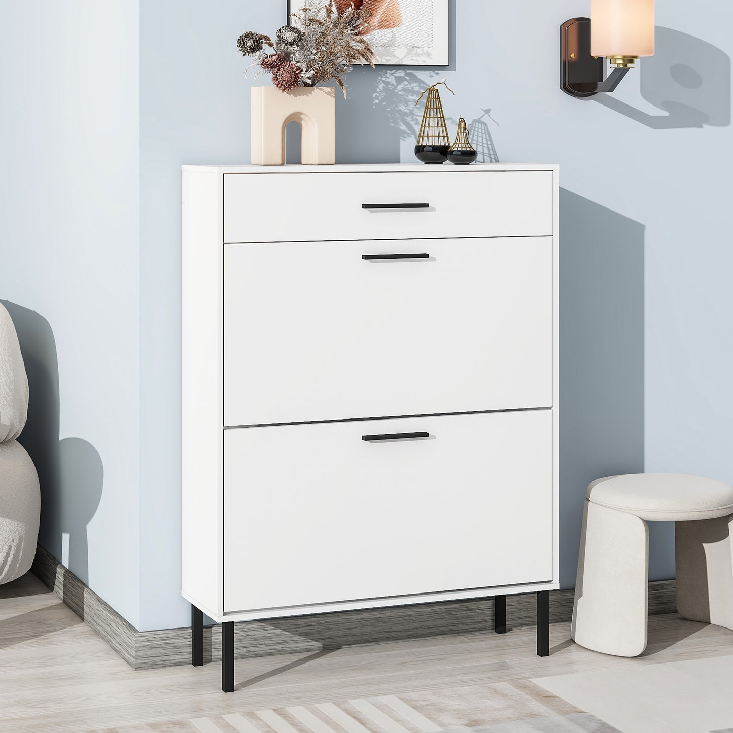 VIYET 43" Freestanding Shoe Cabinet, White Particle Board Organizer w/ 2 Flip Drawers & Metal Legs (Space-Saving Entryway Storage)