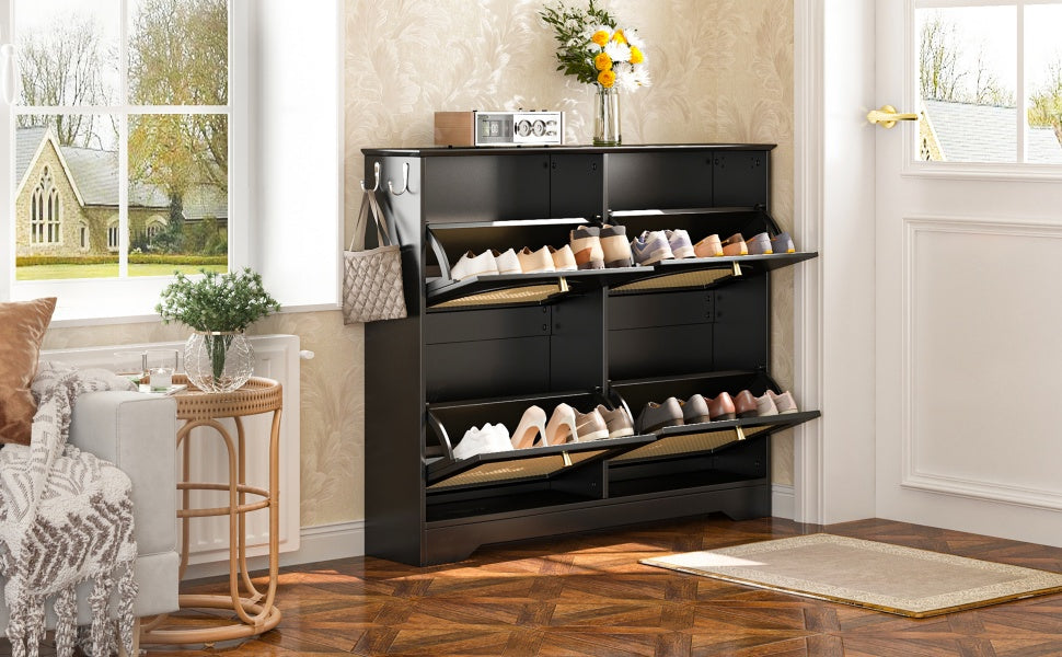 VIYET 35" Mid-Century Narrow Shoe Cabinet, MDF Organizer w/ 4 Rattan Flip Drawers &2 Silver Hooks,Black+white